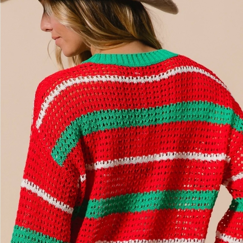 Striped Red and Green Women's Sweater - Picture 8 of 9